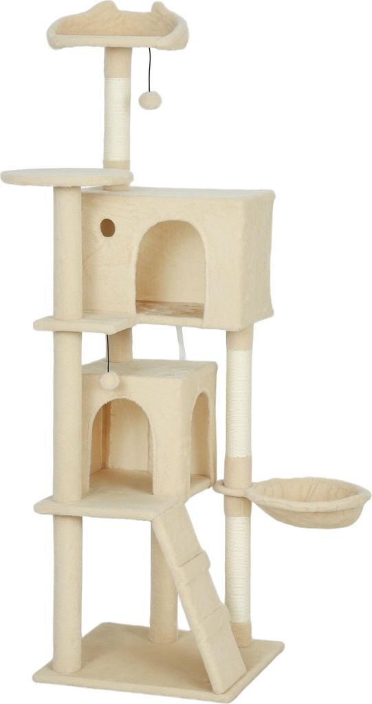 Kratzbaum 160 cm Katzenturm mit Hängematte, Leiter, Höhle, 2 Plüschballen, Sisalstämme, 48 x 48 x 160 cm, Beige