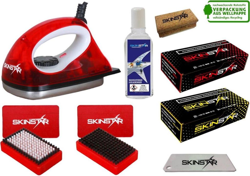 SKINSTAR Starter Ski Wachs Set, Wachsbügeleisen Bürste Hydrocarbonwachs 8-teilig Set