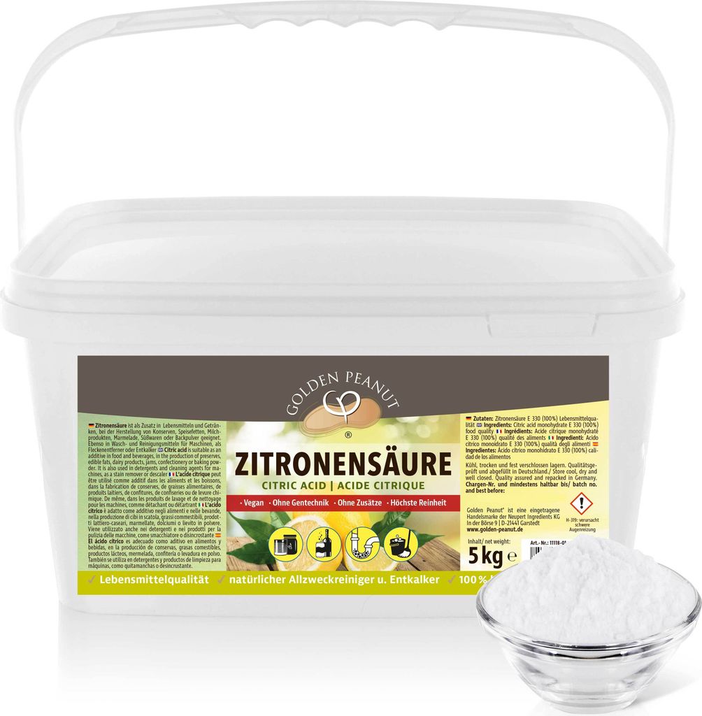 A white plastic tub of citric acid powder with a label showing product details and images.