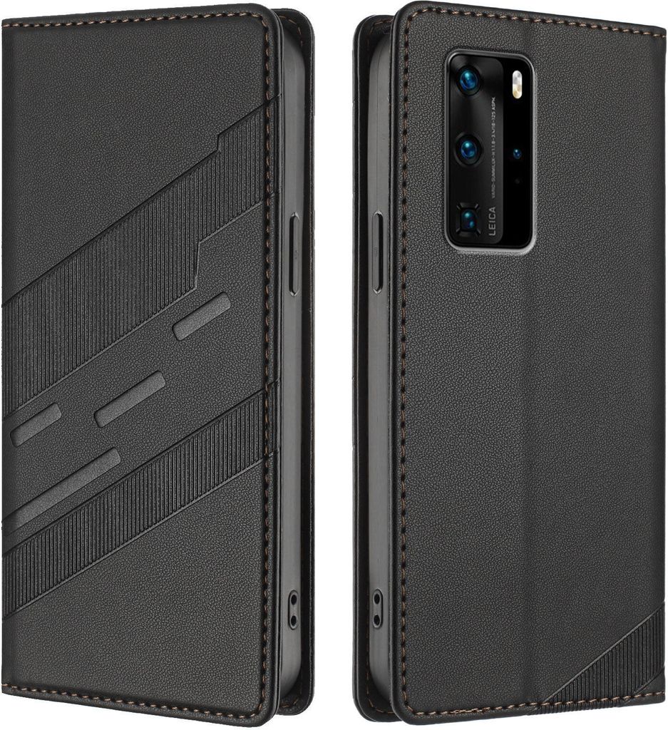 Hülle für Huawei P40 Pro, Kunstleder Brieftaschen Handyhülle mit Kartenfach und Standfunktion Schwarz