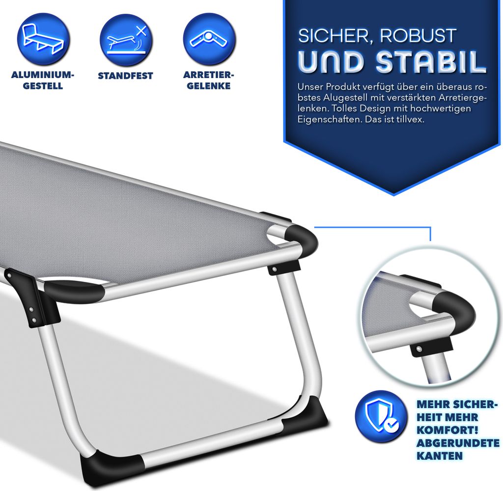 tillvex® Sonnenliege mit Dach und Kopfkissen Grau - Basic Produktbild 3
