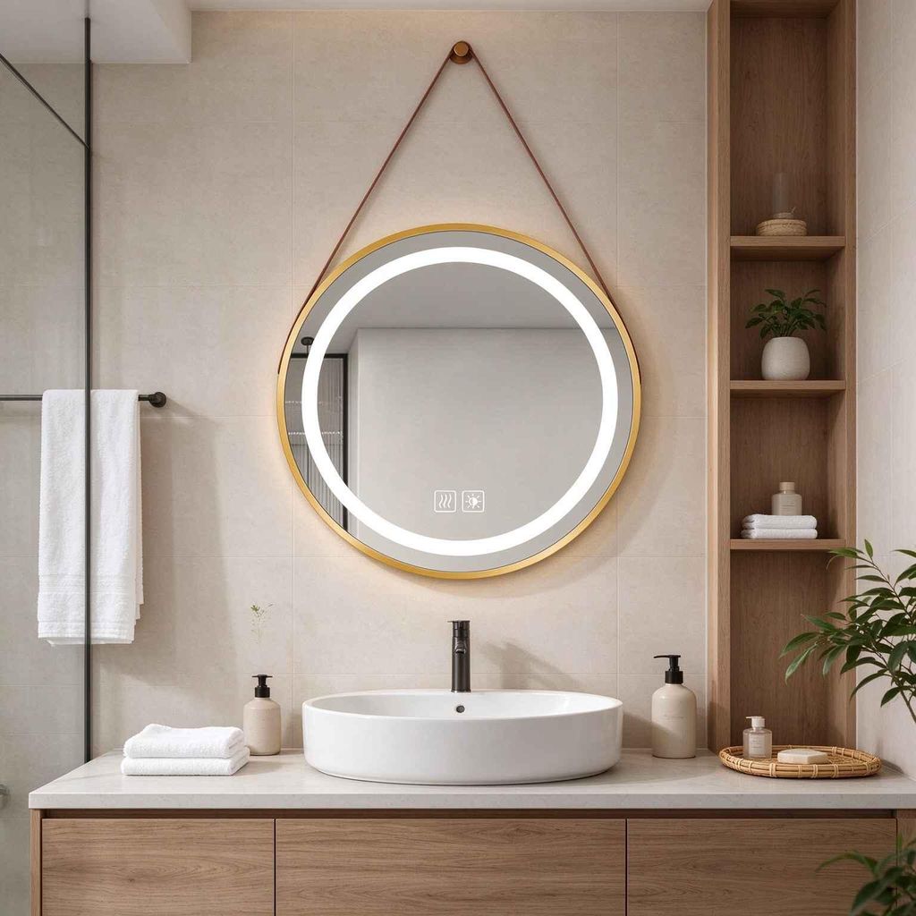 Zimilo LED-badspiegel, rond, 70 cm, goud, met verlichting. Productafbeelding 