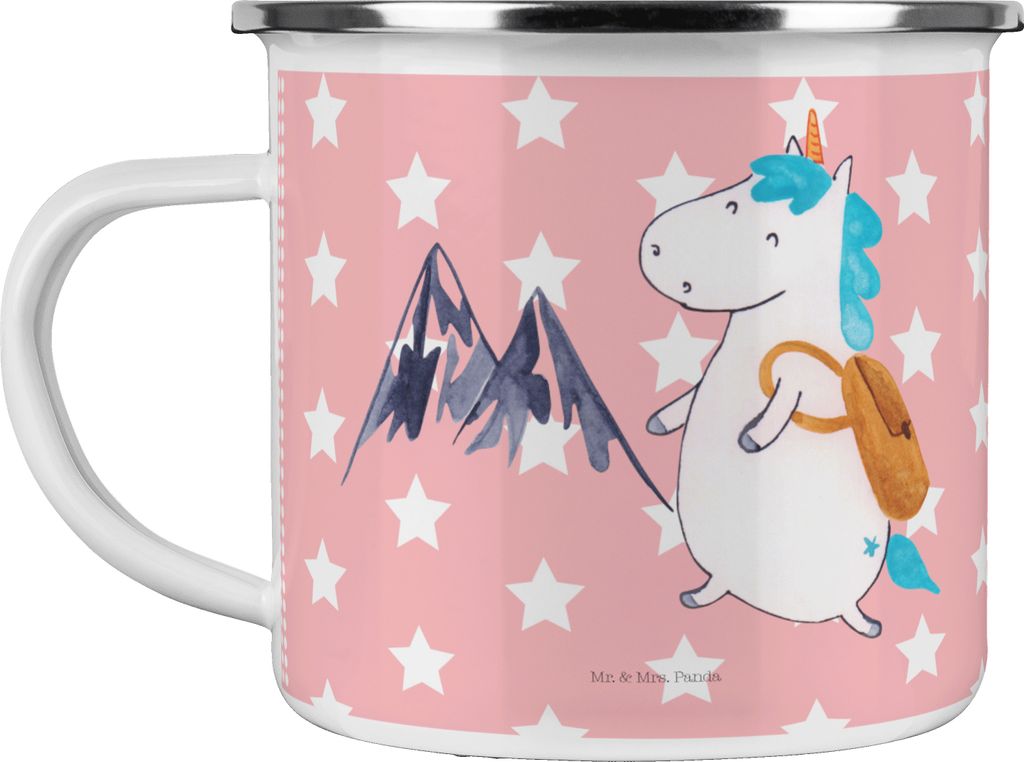 Mr. & Mrs. Panda Emaille Becher Einhorn Bergsteiger - Rot Pastell - Geschenk, Berge, Weltenbummler, Unicorn, Pott, Urlaub, Teetasse, Tasse, Reisen,...