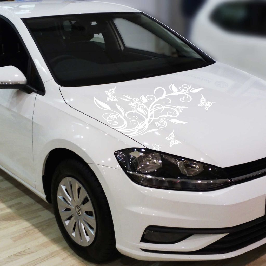 Aufkleber - Blumenranke Autoaufkleber + 3 Schmetterlinge 92cm x 60cm Weiß - Tuning Carystyling Heckscheibe Auto