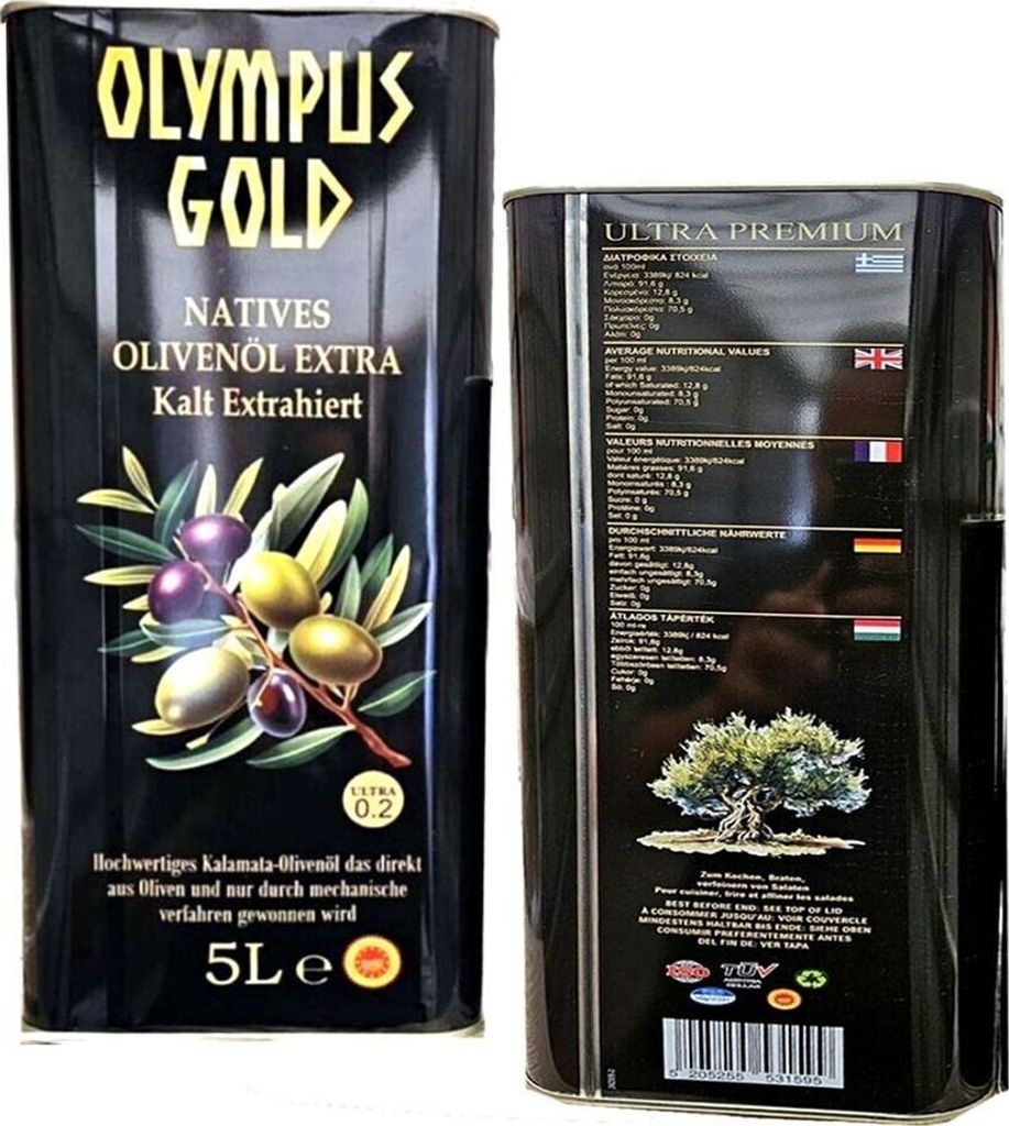 Olympus Gold - Kalamata Olivenöl 5L – Kaltgepresst – Ideal für Kochen, Braten und Salate