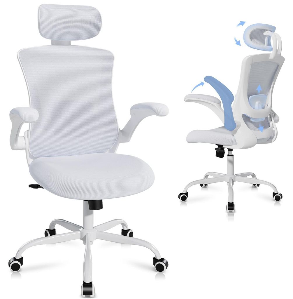 COLAMY Bürostuhl – Ergonomischer Bürostuhl mit Kopfstütze, Lendenwirbelstütze, klappbaren Armlehnen und 140° Wippfunktion, weiss