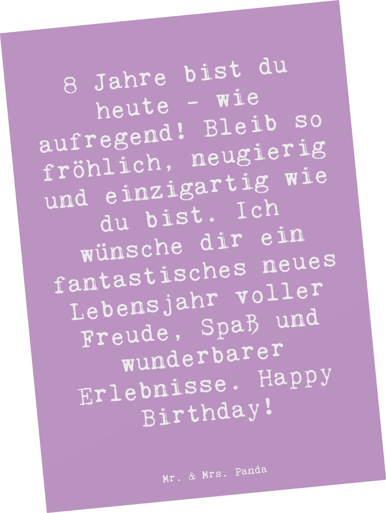 Mr. & Mrs. Panda Postkarte Spruch 8. Geburtstag - Lavendeltraum - Geschenk, Grußkarte, Motivkarte, Spaß, Postkarten, acht Jahre, feiern, Alter, H...