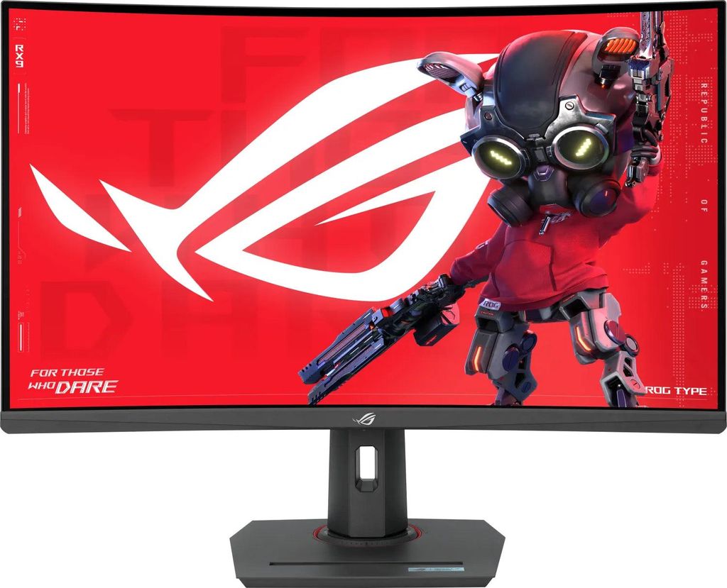 A curved computer monitor displaying a red background with a white logo and a cartoon character holding a weapon.