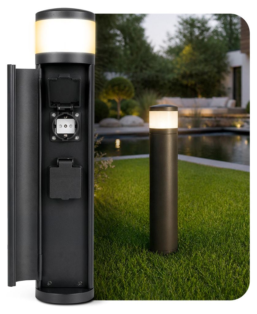 SSC-LUXon PALISO Energiesäule Garten mit Licht und 2 Steckdosen outdoor - schwarze Pollerleuchte außen led IP44 inkl. G9 3W warmweiß