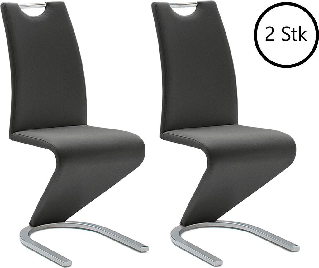 Two modern dining chairs with a cantilever base.