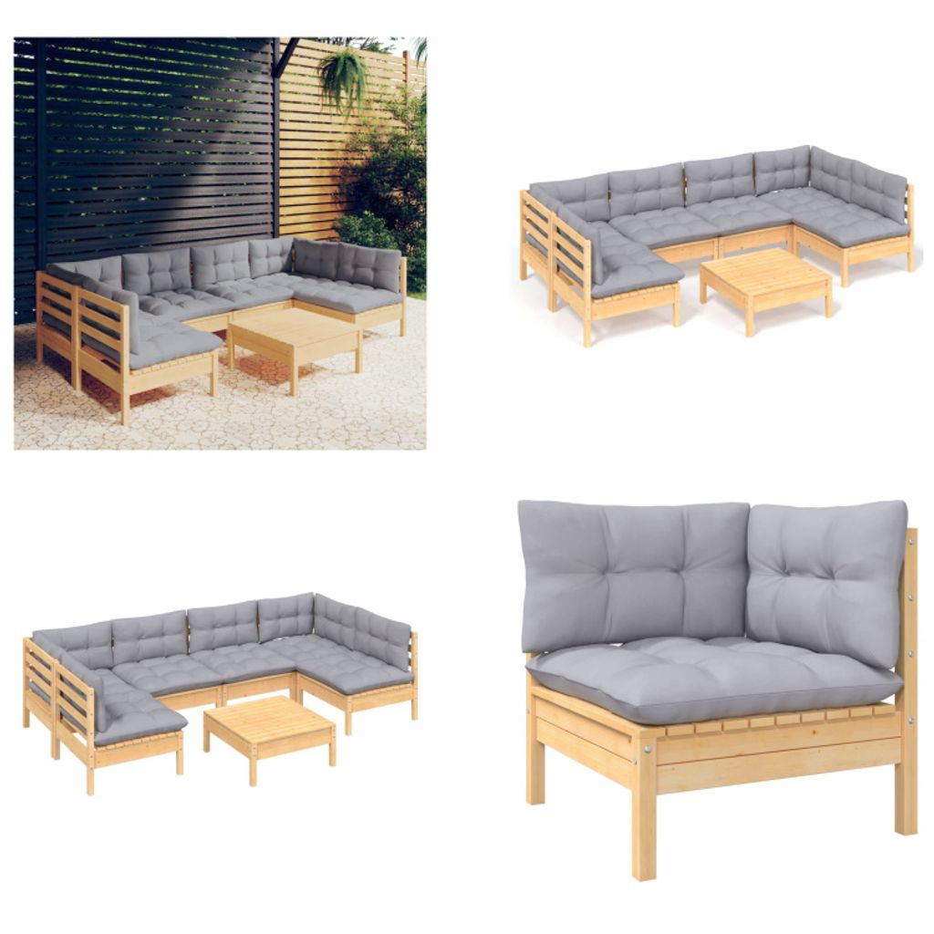 vidaXL 7 tlg. Garten Lounge Set mit Grauen Kissen Kiefer Massivholz - Garten-Lounge-Set - Garten-Lounge-Sets - Gartenmöbel-Set - Gartenmöbel-Sets