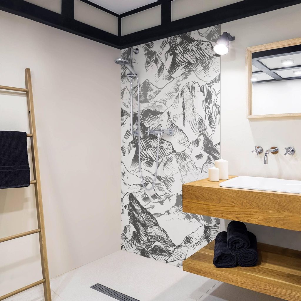 Duschrückwand Natur selbstklebend - 0.61 mm Wandpaneel wasserfest Berg schwarz weiss Illustration Badrückwand fugenlos Premium matt 80x190 cm