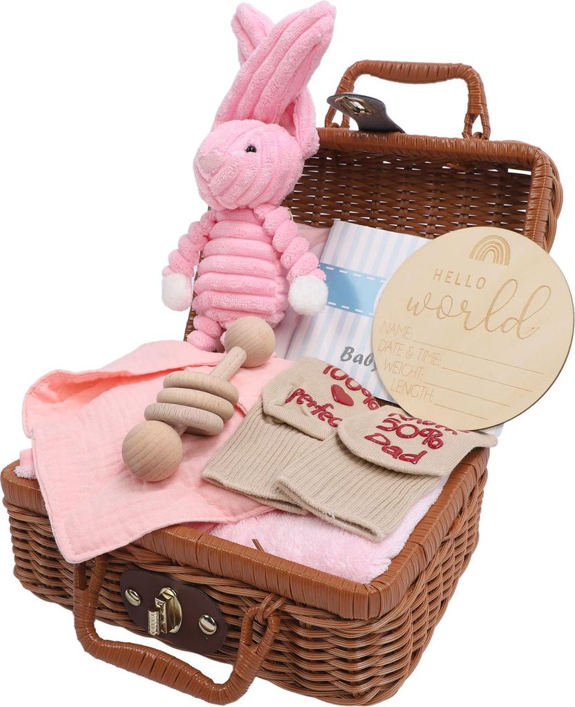 Baby Shower Gifts Basket inklusive Kleidung Niedliche Puppe Hölzerne Rassel Spielzeug Lustige Lätzchen Socken Grußkarte Neugeborenes Baby Gesche...