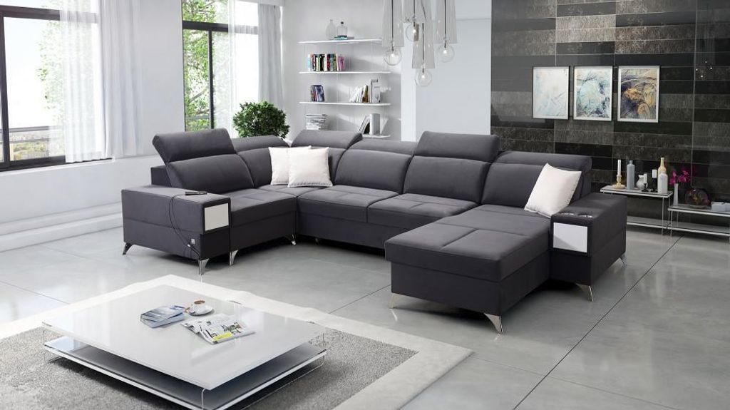 IM Sofa Große Couch mit Bettfunktion Wohnlandschaft in U-Form DEOS IV Grau Stoff CASABLANCA 2315 Ottomane Rechts Hochwertige Qualität