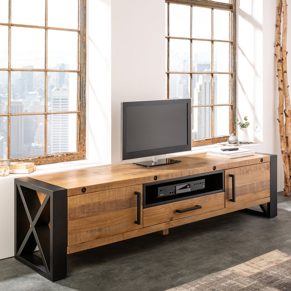 riess-ambiente Massives TV-Lowboard THOR 200cm recyceltes Pinienholz im Industrial Design TV-Schrank Lowboard