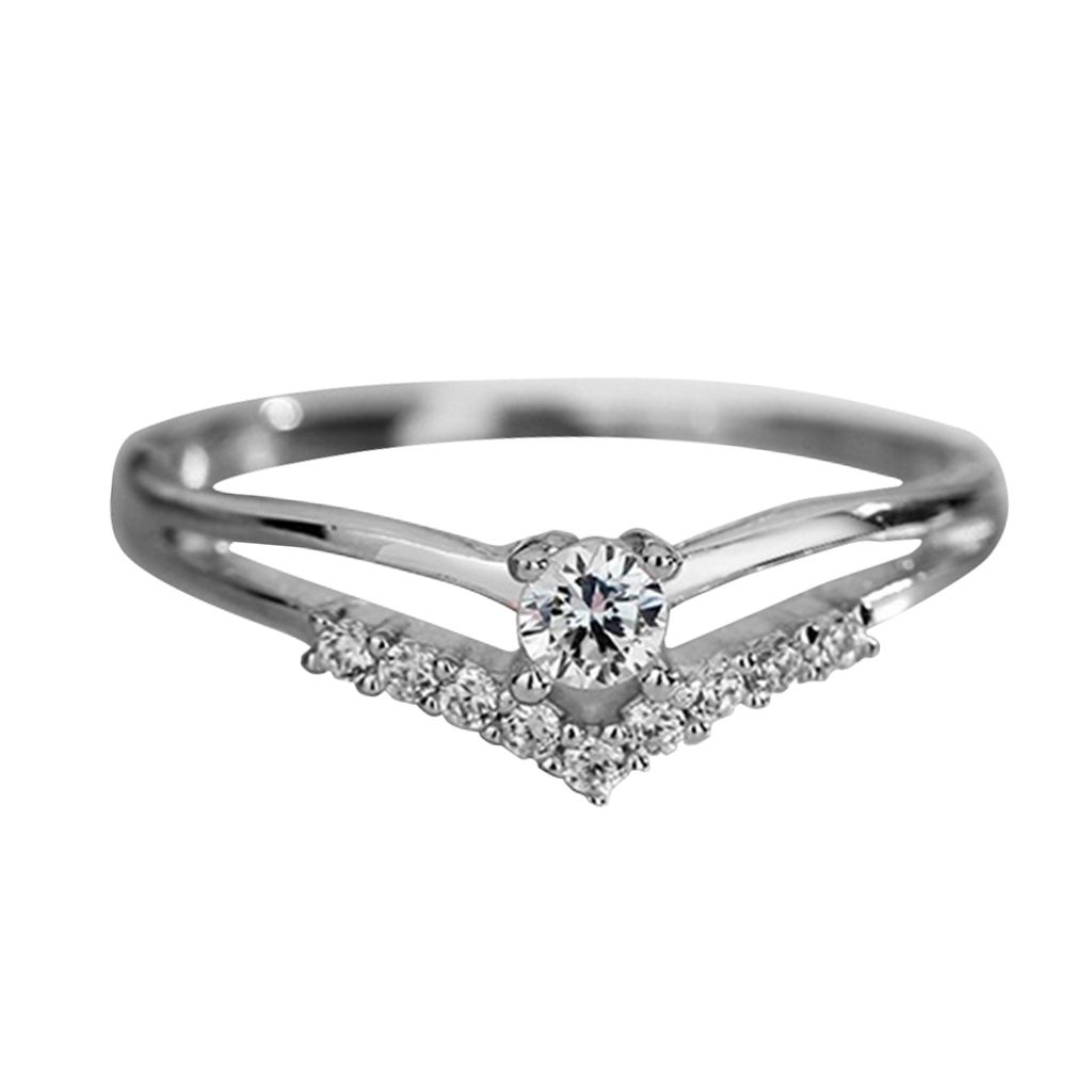 Mode Frauen Verlobung Hochzeit Braut Geschenk V-Form Strass Ring Schmuck-Silber,US 8