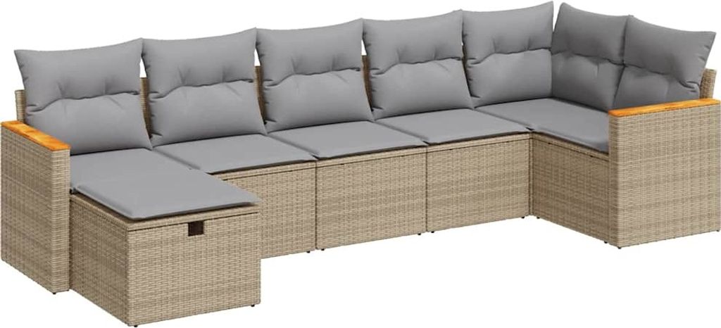 vidaXL 7-tlg. Garten-Sofagarnitur mit Kissen Beige Poly Rattan