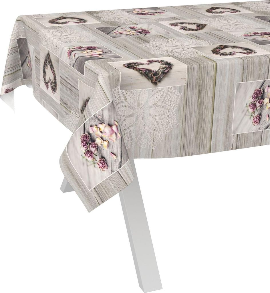 Tischdecke Collage Holz Liebe Grau 220x140cm Schnittkante Wachstuch abwaschbar