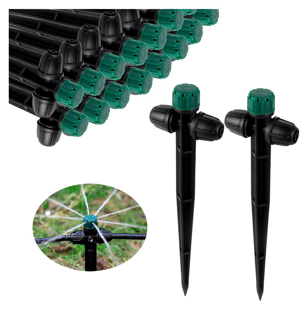 30 Stück Bewässerungstropfer für 1/4 Zoll Bewässerungsschlauch, 360 Grad einstellbar, Tropfbewässerungstropfer auf 6,5 Zoll Pfahl für Gartenb...