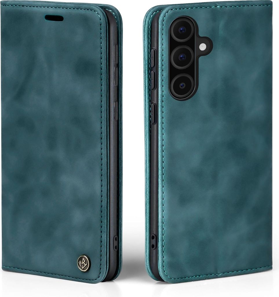 A teal-colored flip case for a smartphone is shown from two angles, open and closed.