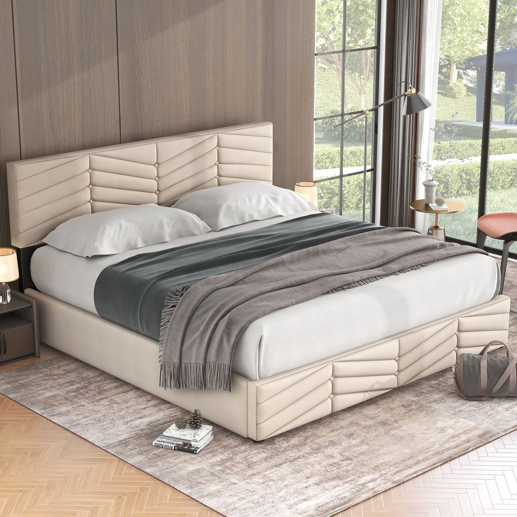 STILVORA Polsterbett 180×200cm Doppelbett mit Stauraum,Jugendbett Bettrahmen mit höhenverstellbares Kopfteil, Holländischer Samt, Beige(Ohne Mat...