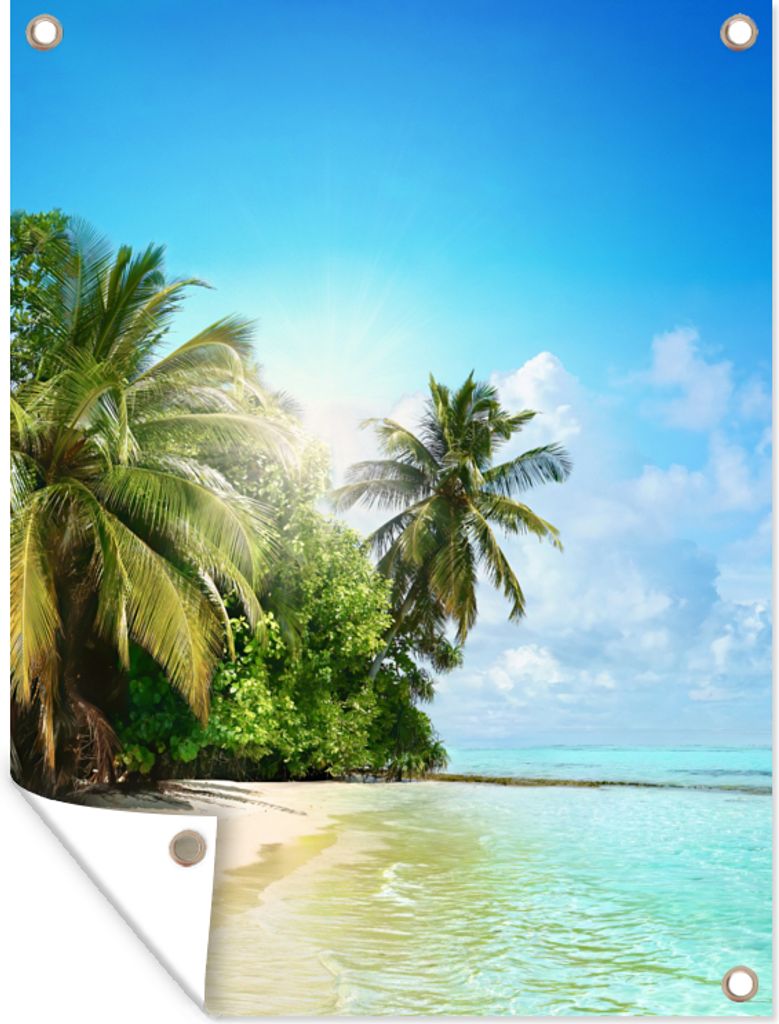 MuchoWow 30x40 cm Outdoor-Poster Gartendeko Sichtschutz Garten Poster für den Garten Meer - Palme - Strand - Tropisch - Blau - Grün
