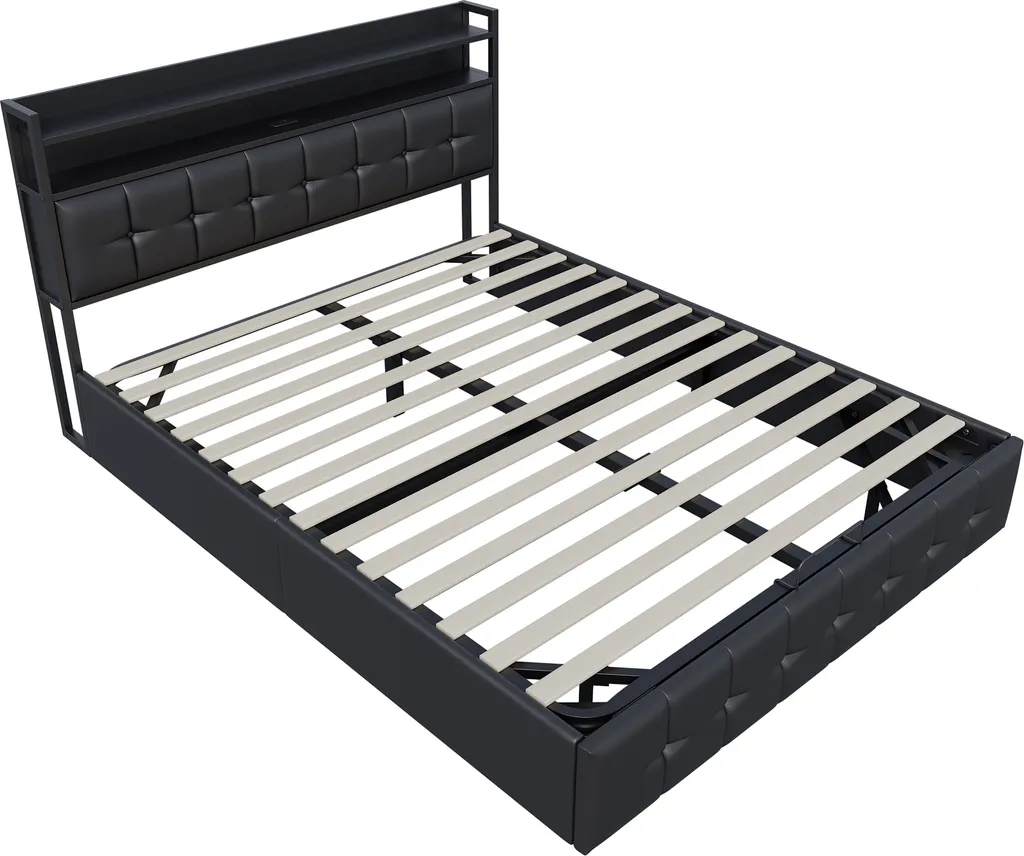 Lit double avec rangement 140x200 noir et tête de lit LED multimédia