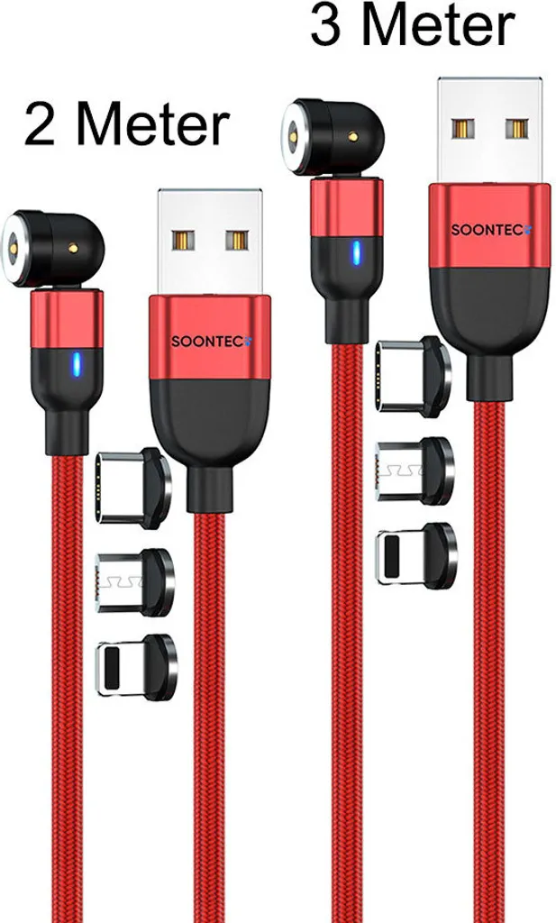 Cavo di ricarica magnetico set di 2 (2 metri+3 metri) Cavo di ricarica magnetico SOONTEC ruotabile di 360°&180° con 3 spine ciascuno Cavo di ricarica Micro USB/ USB-C/ Lightning 2,4 A (rosso)