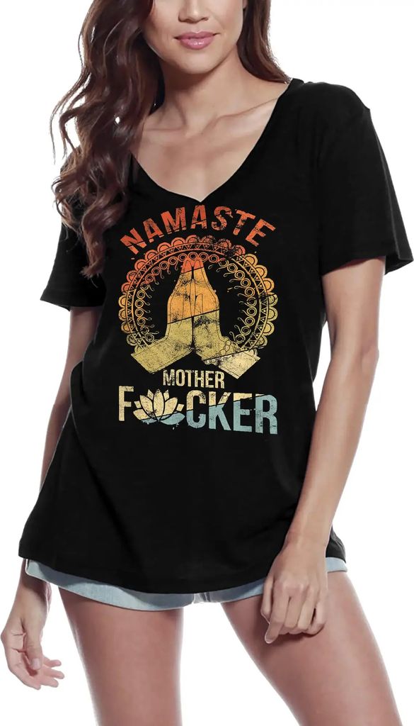 Damen Grafik T-Shirt V-Ausschnitt Namaste Mother F**ker Yoga Peace Öko-Verantwortlich Vintage Jahrgang Kurzarm Lustige Druck Geburtstag Geschenk Frau