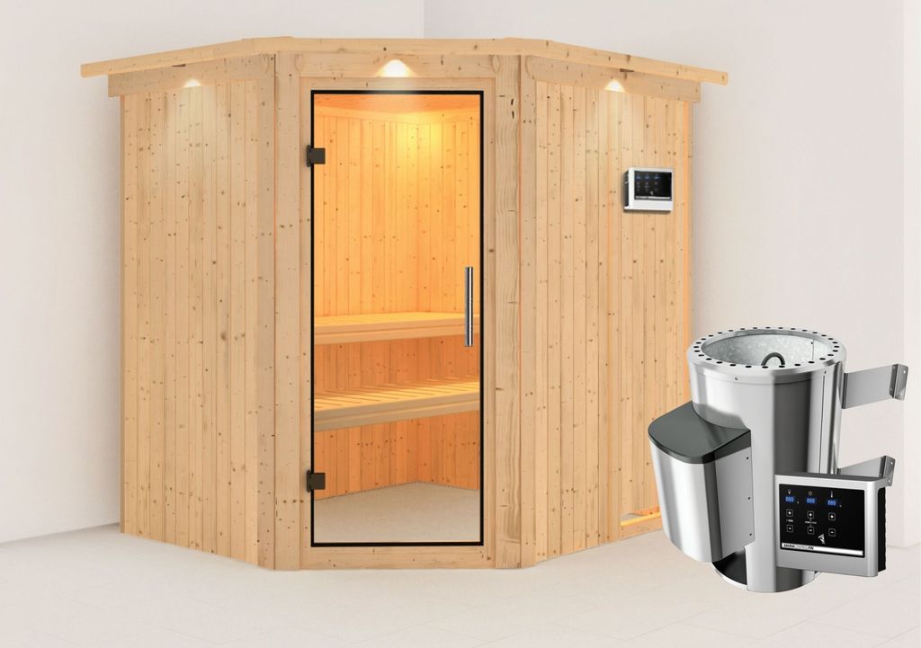 Karibu Sauna Innensauna Lilja Eckeinstieg Ofen 3,6 kW externe Strg.easy 210x184x202 cm mit Dachkranz mit Klarglastür