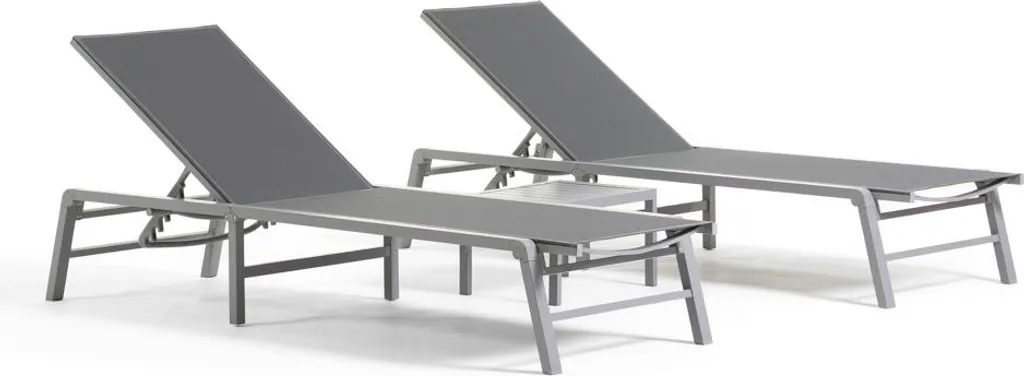 DUNA Lot de 2 Bains de Soleil en Aluminium Gris avec Table d'Appoint