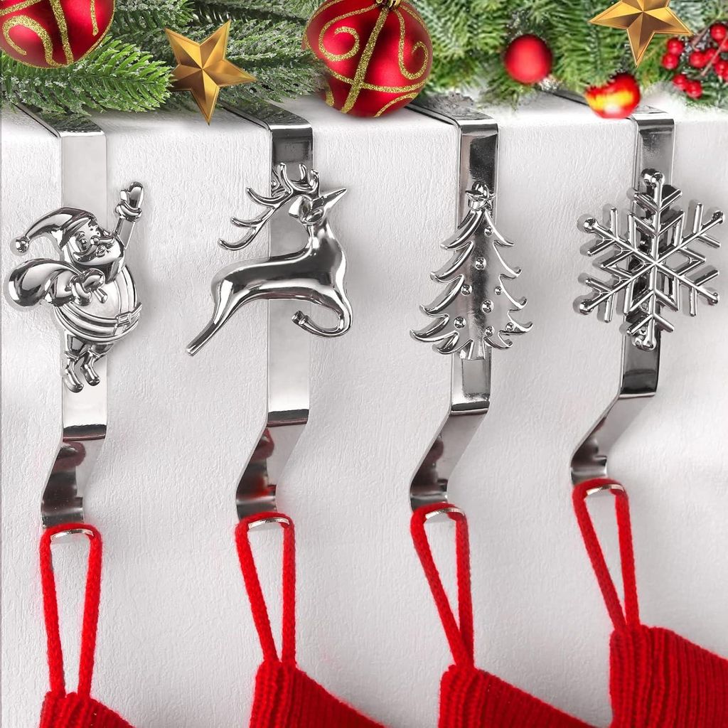 Weihnachtsstrumpfhalter für den Kamin - 4 Stück in 4 Stilen - Rutschfeste Strumpfhaken für den Kaminsims - Robuste Strumpfhalter für die Weihna...
