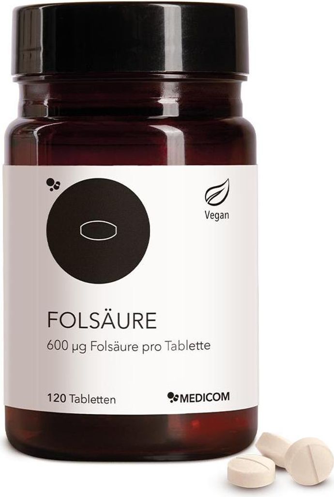 Medicom Folsäure mit 600 μg Folsäure,120 Tabletten, Zellteilung, Blutbildung und gegen Müdigkeit