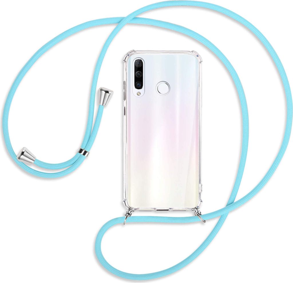 Handykette Backcover-Schutzhülle mit Band (Metall silberfarben) für Huawei P30 Lite - himmelblau