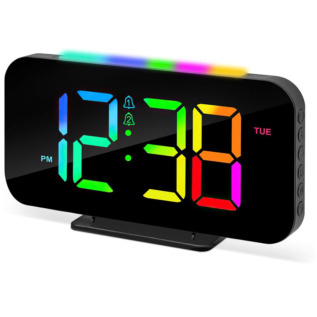 A digital alarm clock with a colorful LED display and a rainbow light strip at the top.