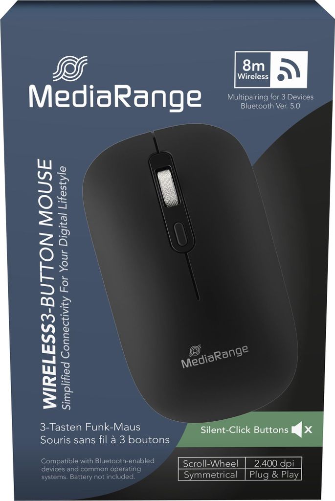 Mediarange Maus optisch Wireless kabellos Bluetooth 4 Tasten 2400 dpi schwarz MROS267