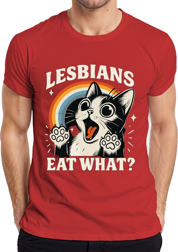 Lesben essen was Katze Regenbogen Retro lustig queer süß frech Herren T-Shirt, Rot, M