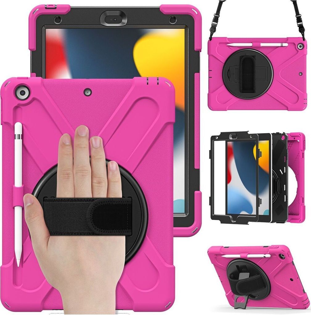 Mobigear SureGrip XGuard iPad 9 (2021) Hülle Kunststoff,Silikon Backcover + Stifthalter + Schulterträger + Ständer - Pink