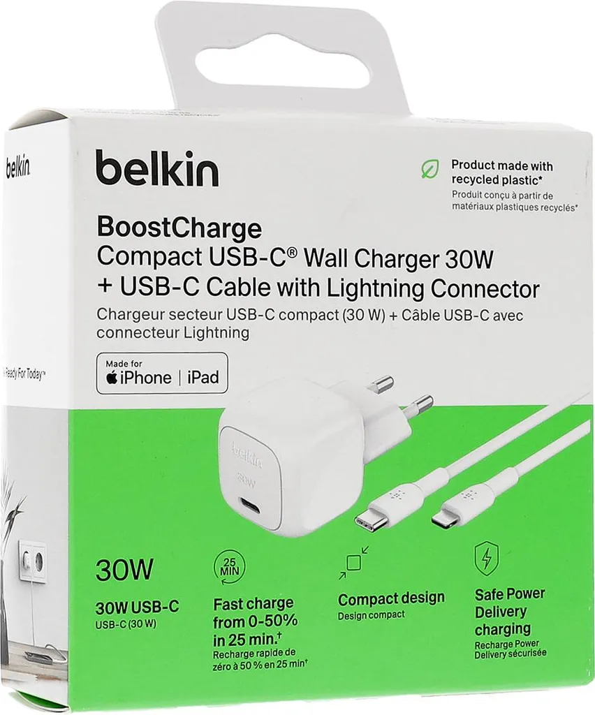 Chargeur USB-C 30W Belkin PD et PPS avec câble Lightning 1m blanc - 21
