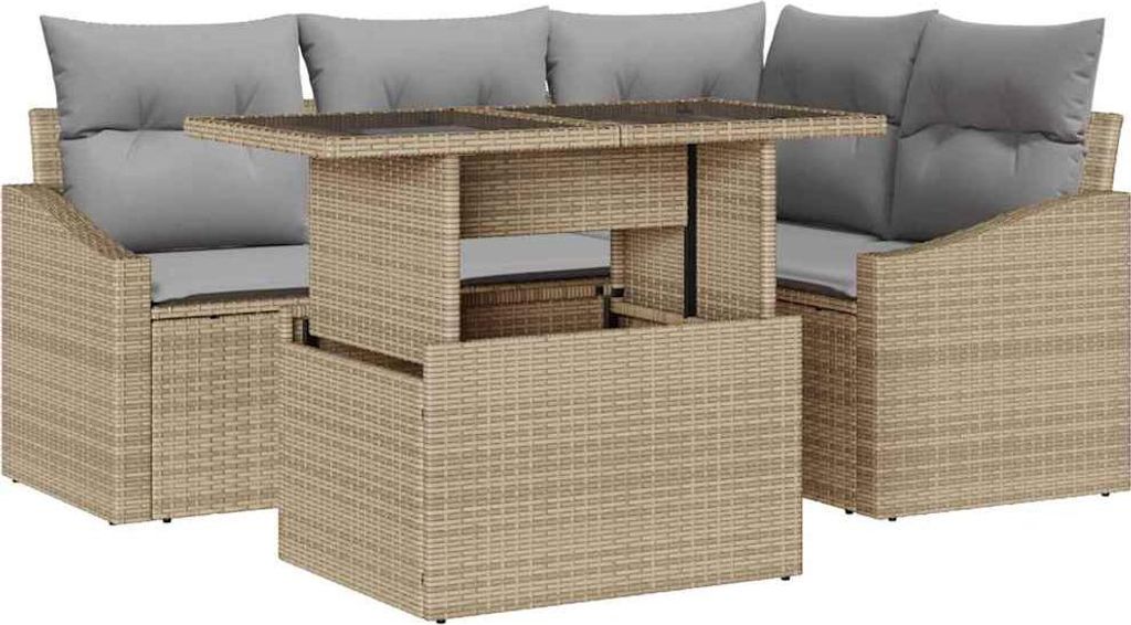Gartensofa-set mit Kissen 5 pcs Beige und Hellgrau Poly-Rattan