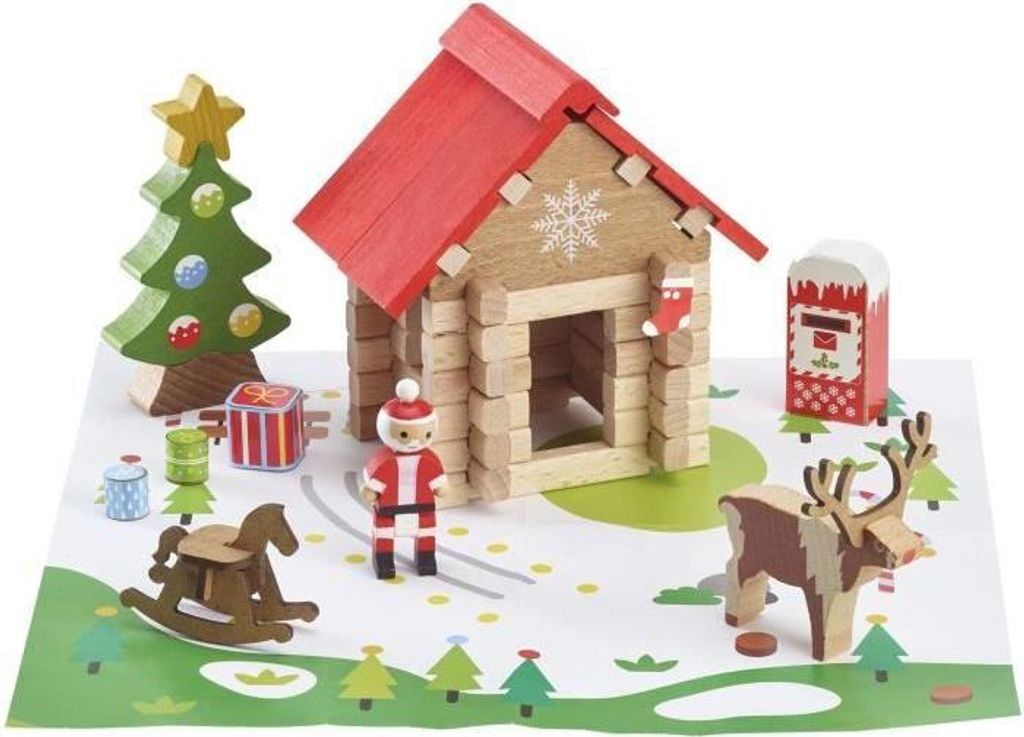 Weihnachtsmann Hütte Bausatz, JEUJURA, 60 Teile, Holzbauspielzeug, Inkl. Spielteppich & Zubehör, Ab 5 Jahren