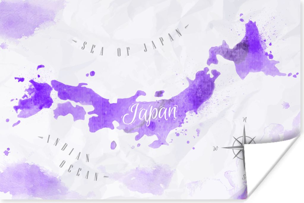 MuchoWow Poster Weltkarten - Japan - Violett 90x60 cm - Schlafzimmer