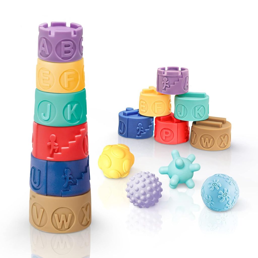 Baby Soft Stapelblöcke & sensorisches Ballspielzeug, Stapelbecher für Kleinkinder für Jungen und Mädchen