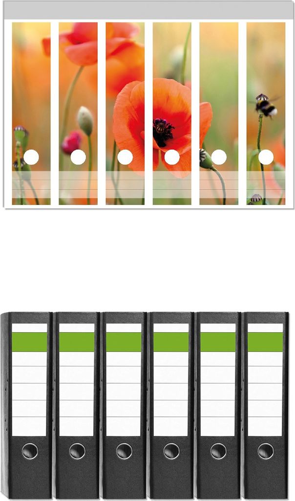 Wallario 6 Stück breite Ordner inkl. Klebeetiketten mit Motive Mohnblumenblüten - Set mit Rückenschildern / Ordnerrücken Stickern