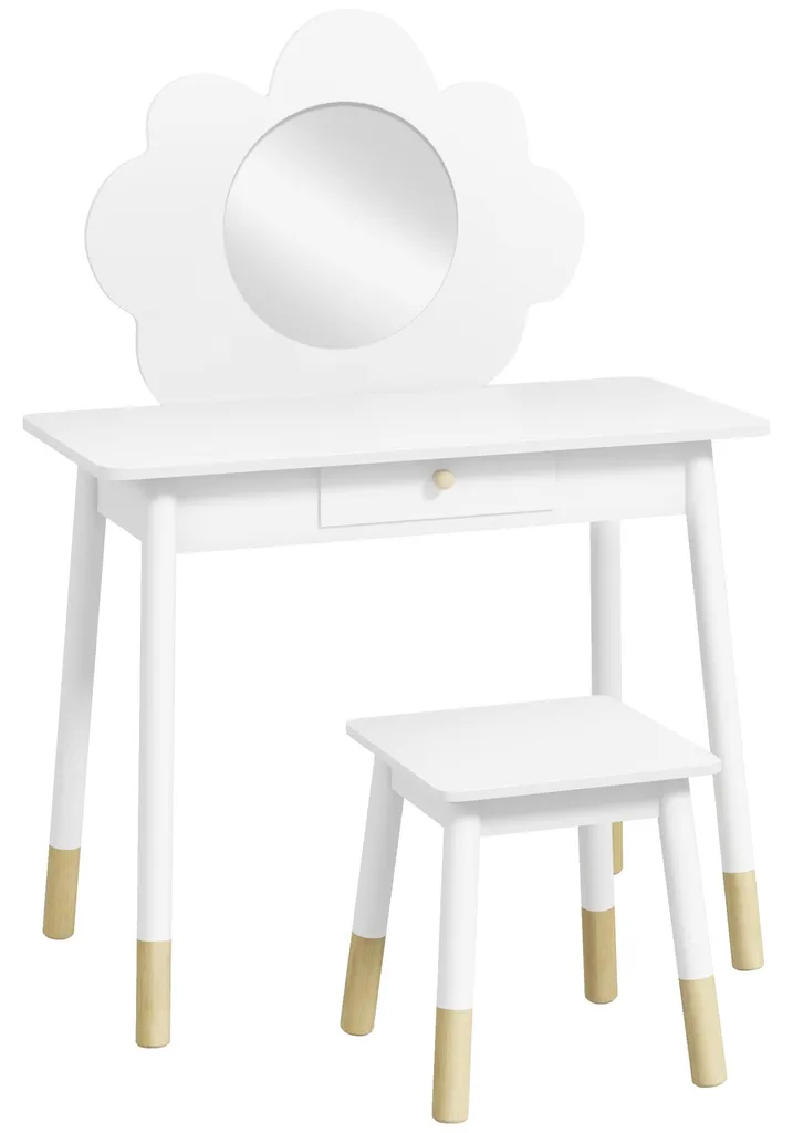 Coiffeuse enfant miroir incassable et tabouret anti-basculement blanc