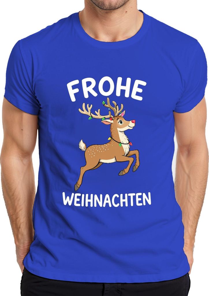 FROHE WEIHNACHTEN Rentier Lichterkette Niedlich Kinder Geschenk Herren T-Shirt, Blau, L
