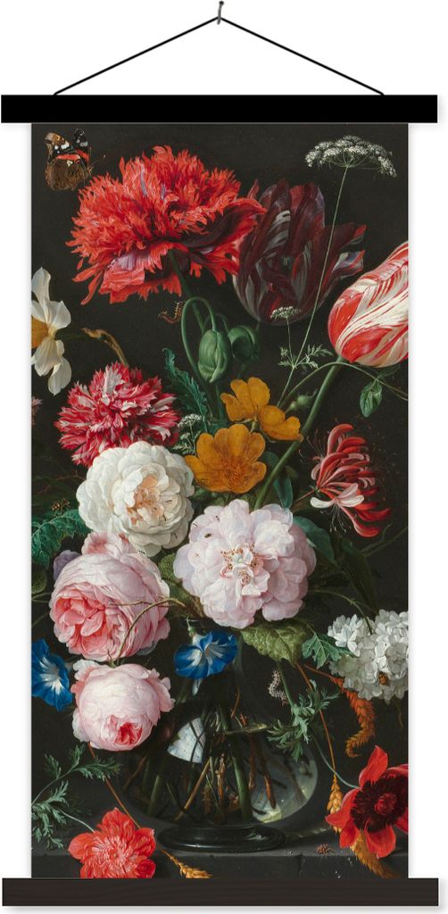 MuchoWow Textilposter Stilleben mit Blumen in einer Glasvase - Gemälde von Jan Davidsz. de Heem 40x80 cm mit schwarzem Rahmen - Wandemalerei