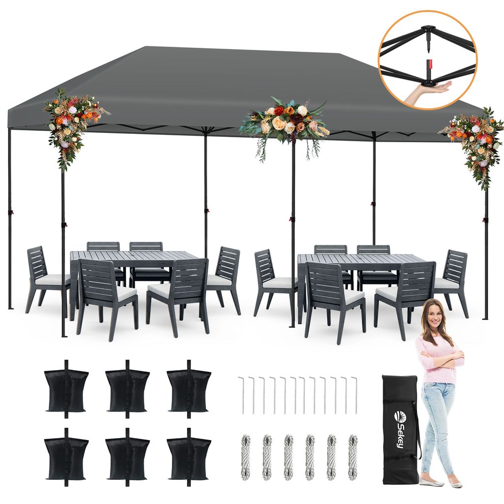 Sekey Faltpavillon 3 x 6 m Pop Up Pavillon Partyzelte Festzelt Gartenzelt Wasserdicht, UV-Schutz 50+ für Camping / Garten / Hochzeit, Grau
