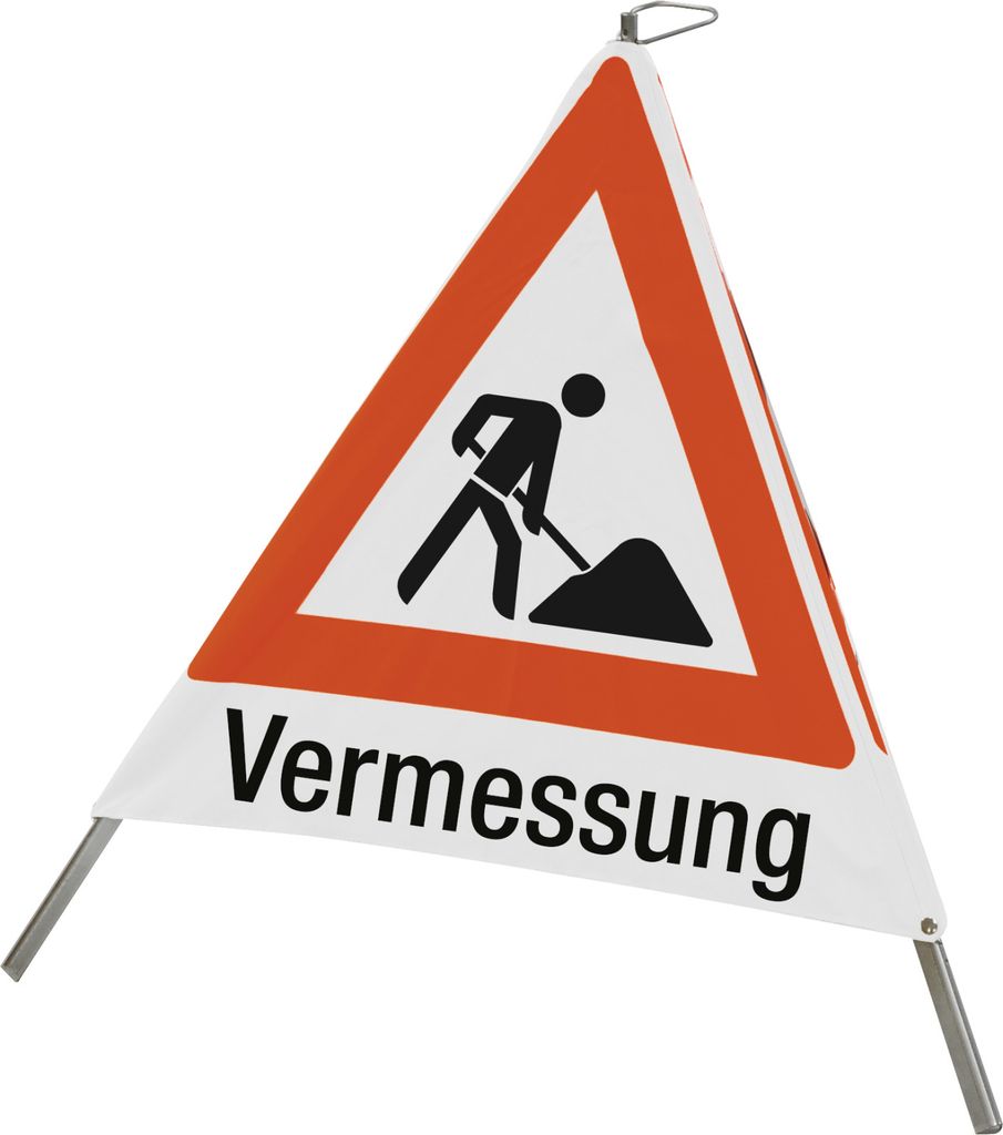 Faltsignal mit Symbol Baustelle und Text "Vermessung", 900 mm Seitenlänge