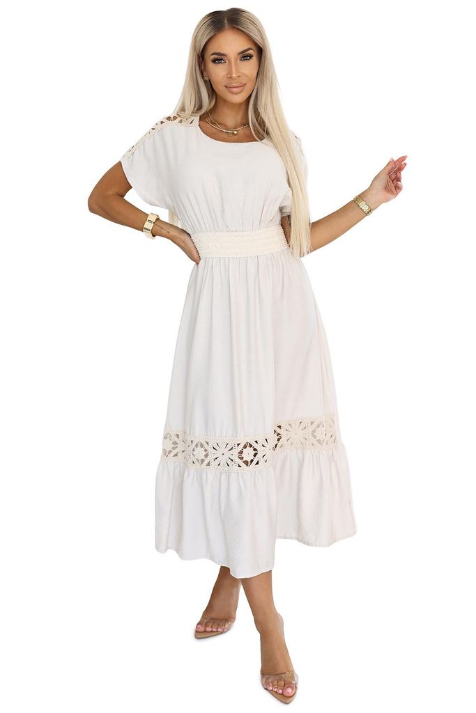 Numoco Damen Boho-Kleid mit Ajour-Stickerei Midikleid Maxikleid Sommerkleid Freizeitkleid Langkleid Tunikakleid, ecru/beige, Gr. XS-L
